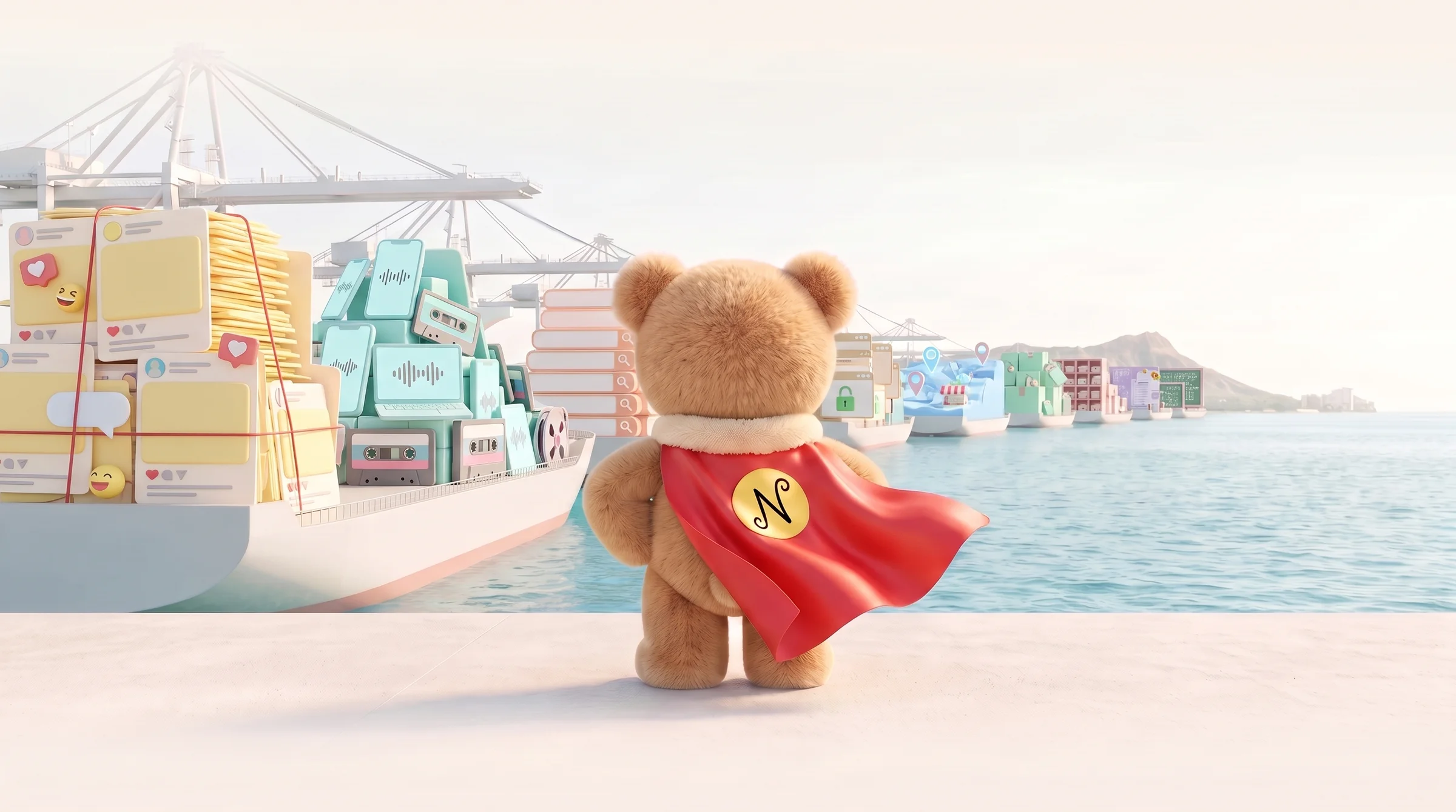 A plush teddy bear superhero in a red cape, seen from behind on a quay, watching ships arrive at a port under Diamond Head, loaded with social posts, audio, search bars, web pages, map pins, parcels, letters and chalkboards.
