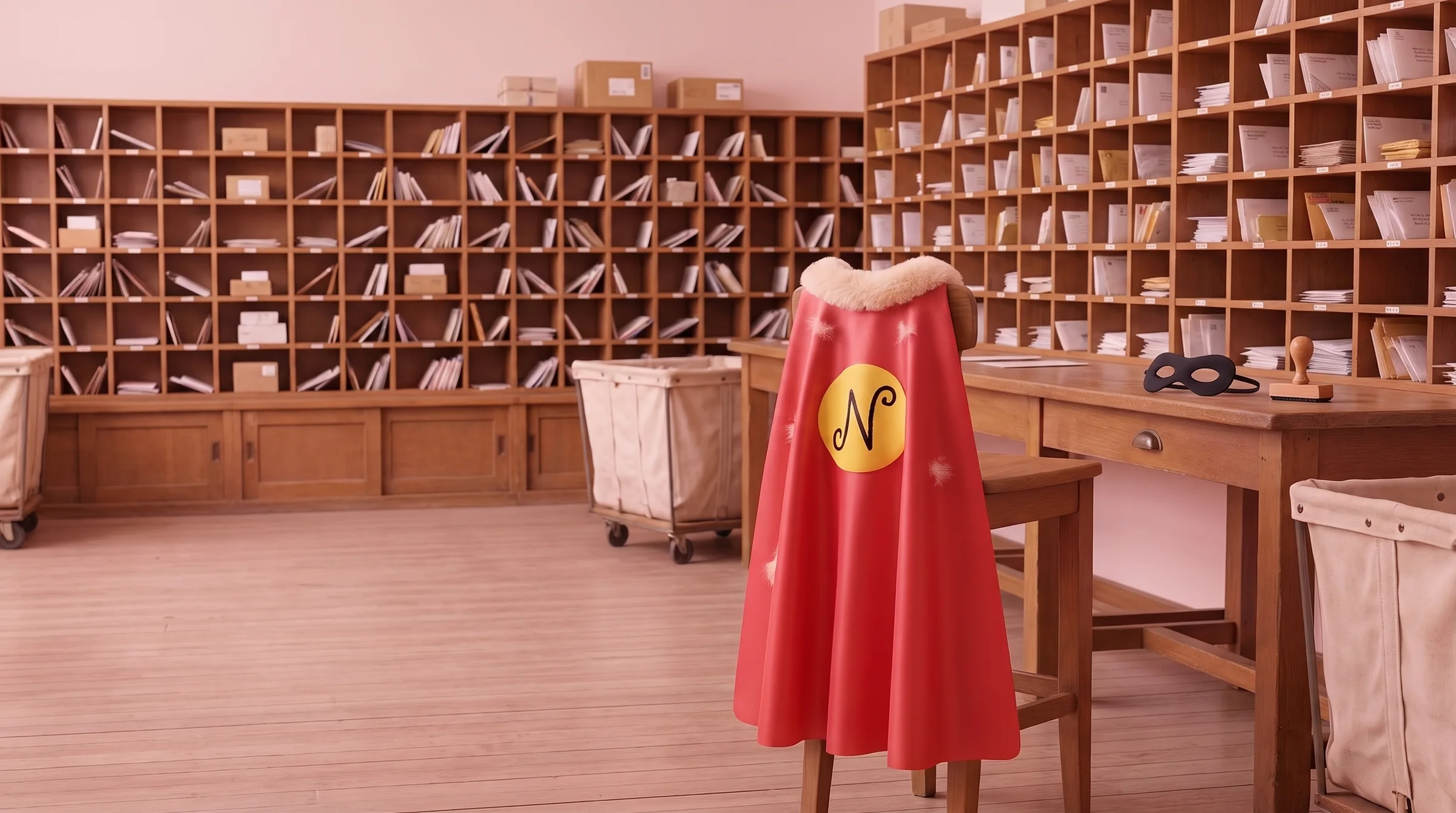 A vast old post-office mailroom with a wall of hundreds of wooden pigeonholes full of neatly sorted envelopes, and an empty sorting stool in front with a red superhero cape with a squiggly N draped over it and a plush-sized cloth eye mask on the sorting table
