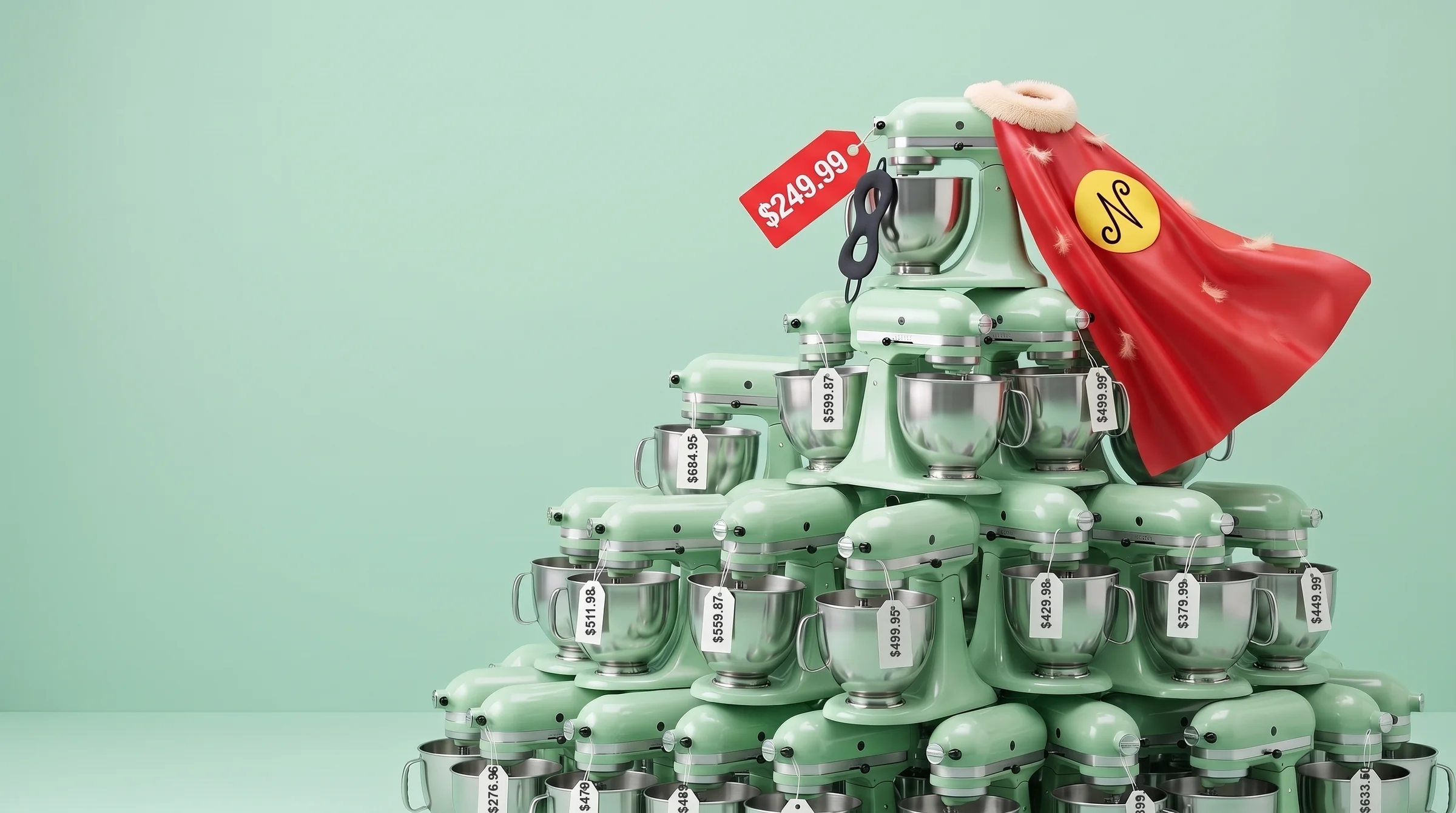 A pile of dozens of identical mint stand mixers, each with a white price tag showing a real price from the sample, from $252 to $684.95; on top, the winner with a red $249.99 tag, a red superhero cape with a squiggly N draped beside it and a plush-sized cloth eye mask hanging from the tag