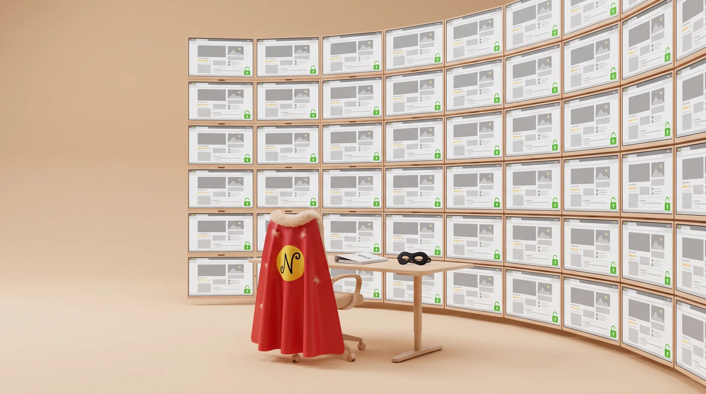 A light control room with a curved wall of dozens of monitors, each showing a web page with a green, open padlock; in front, a desk with a bound report and a black eye mask, and a red cape with a yellow N badge draped over the empty chair