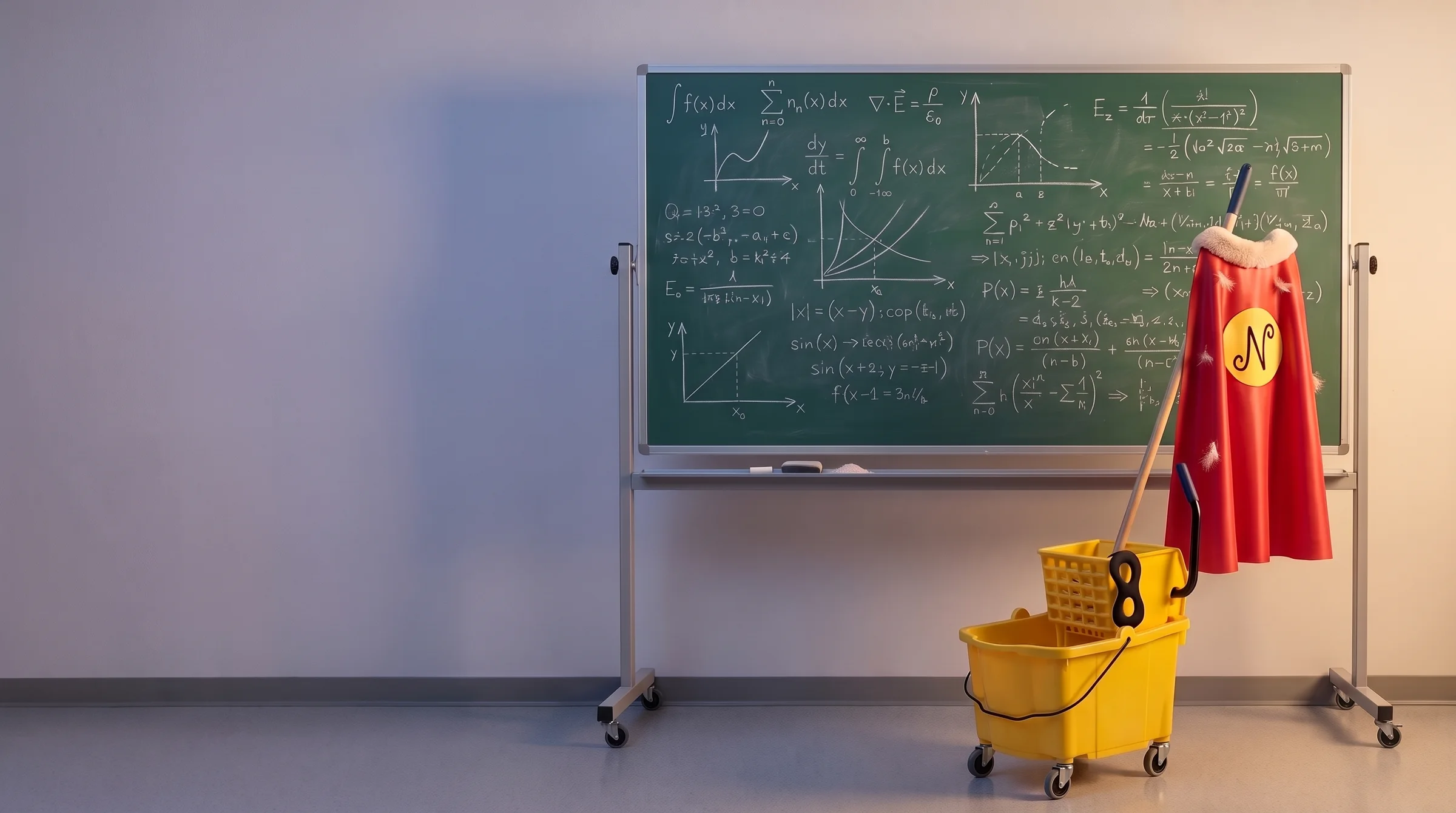 A university hallway at night: a green chalkboard covered in math proofs and graphs, a janitor's mop leaning on it with a light red superhero cape hanging from the handle, its squiggly N on a yellow badge and cream plush collar, and a plush-sized cloth eye mask on the yellow mop bucket