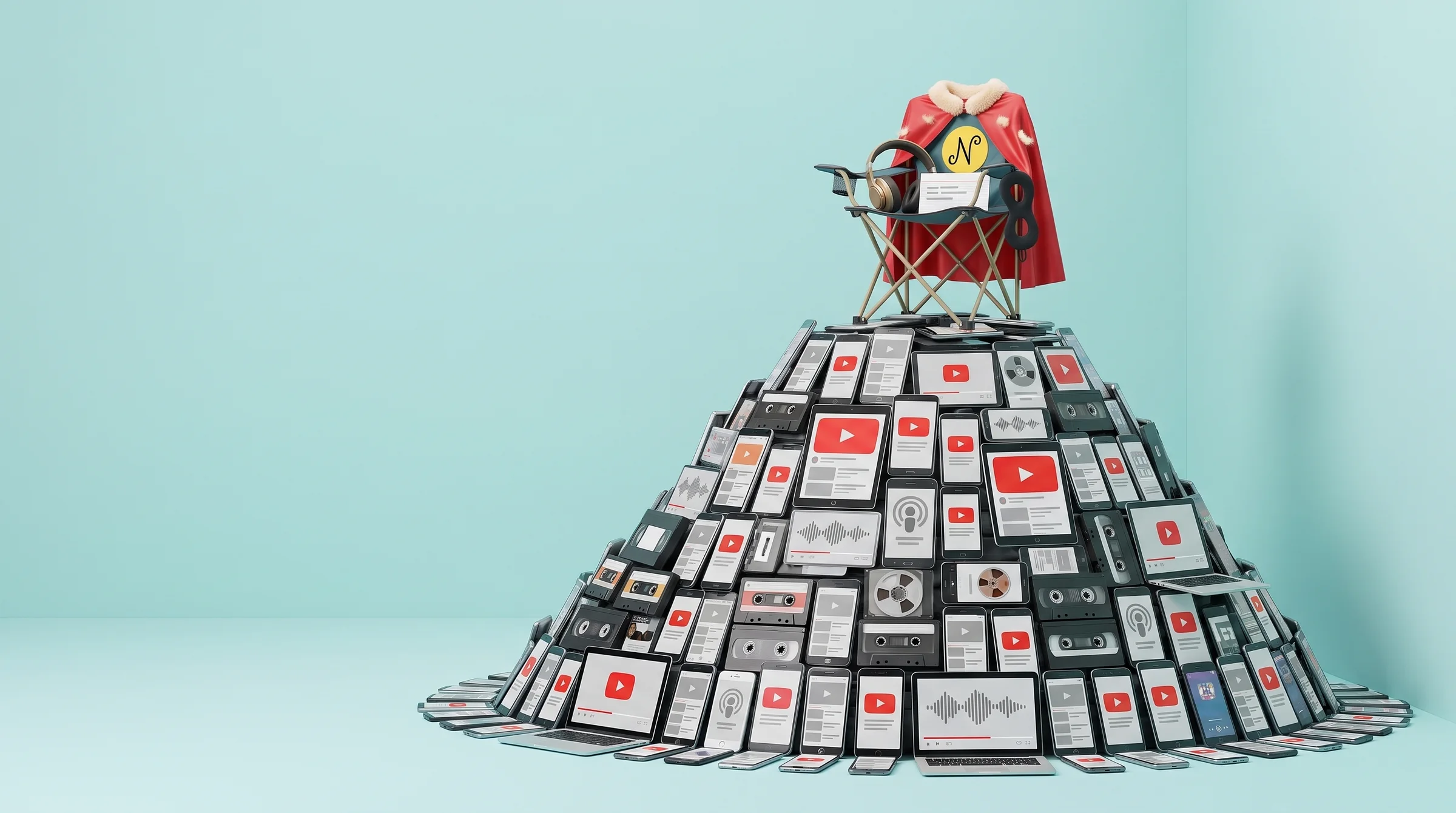 A mountain of phones, tablets and laptops playing YouTube videos and podcasts, mixed with cassette tapes and tape reels; on the summit, a folding camp chair with a red superhero cape with a squiggly N draped over its back, and on the seat a pair of headphones, a cloth eye mask and a finished summary card