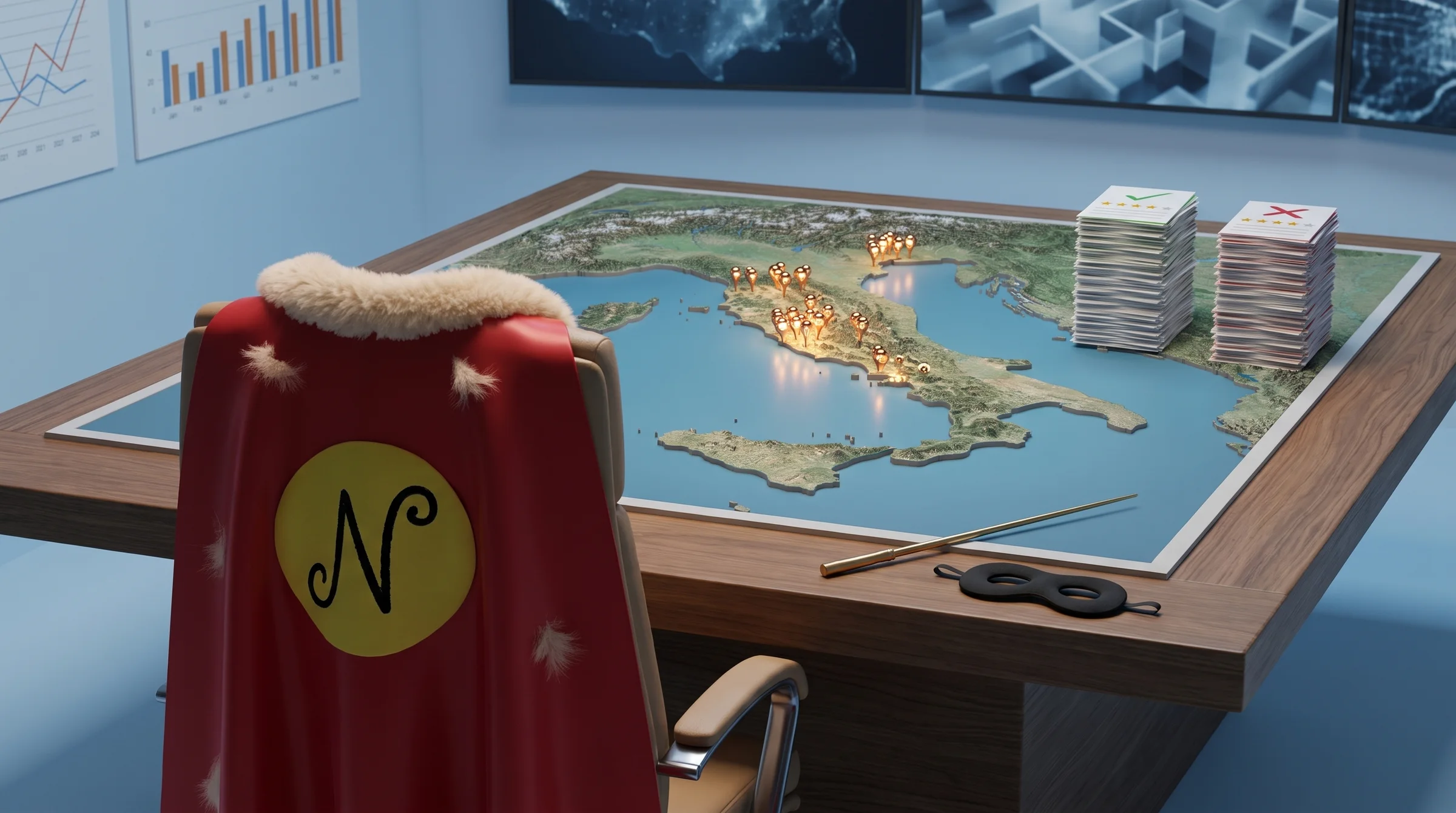 A war room with a 3D relief map of Italy on a big table, hundreds of glowing restaurant pins around Rome, Florence and Venice, two stacks of review cards marked with a green check and a red cross, and an empty commander's chair with a red superhero cape with a squiggly N draped over it, a plush-sized cloth eye mask and a brass pointer on the table