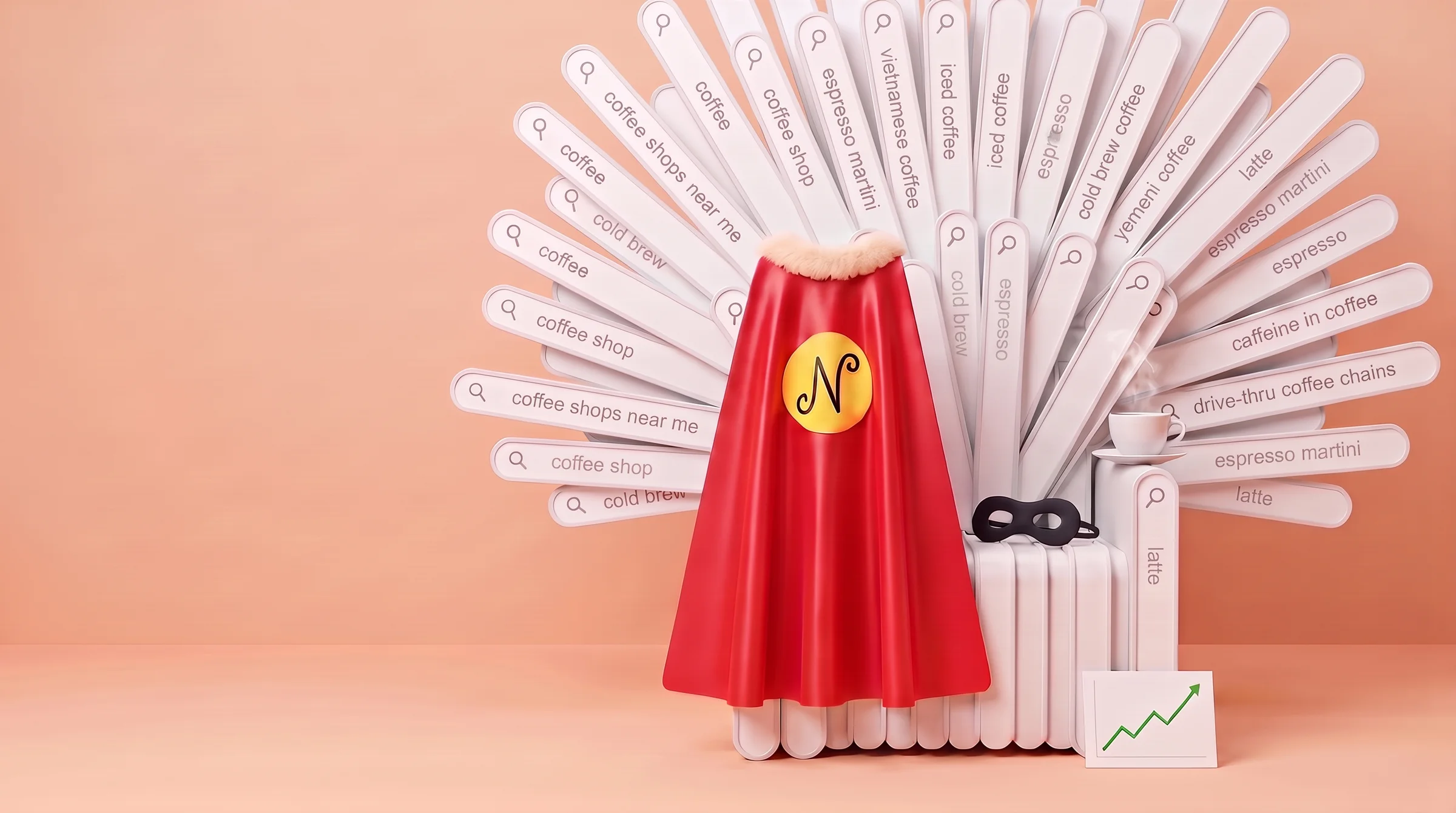 A towering throne built from hundreds of white search bars, the front ones showing real coffee searches such as coffee shops near me, espresso martini, vietnamese coffee and cold brew, with a red superhero cape with a squiggly N and a cream plush collar hanging from its backrest, a plush-sized cloth eye mask and a cup of coffee on the seat, and a card with a rising chart