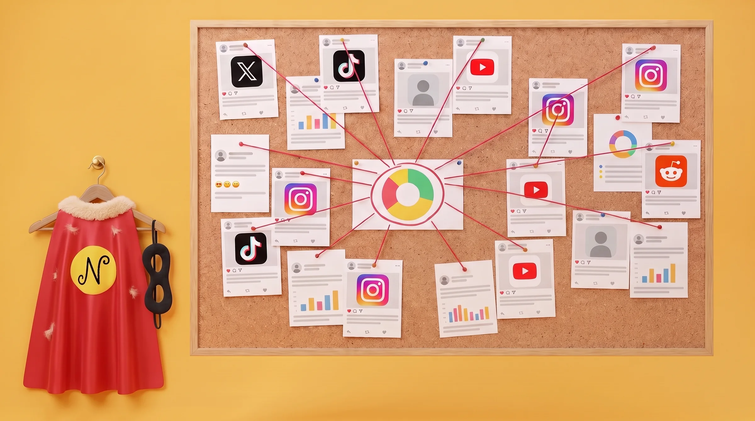 A light red superhero cape with a squiggly N on a round yellow badge and a cream plush collar, and a black cloth eye mask sized for a small round plush, hanging on a hook beside a corkboard of posts from X, TikTok, YouTube, Instagram and Reddit tied with red string to a sentiment chart